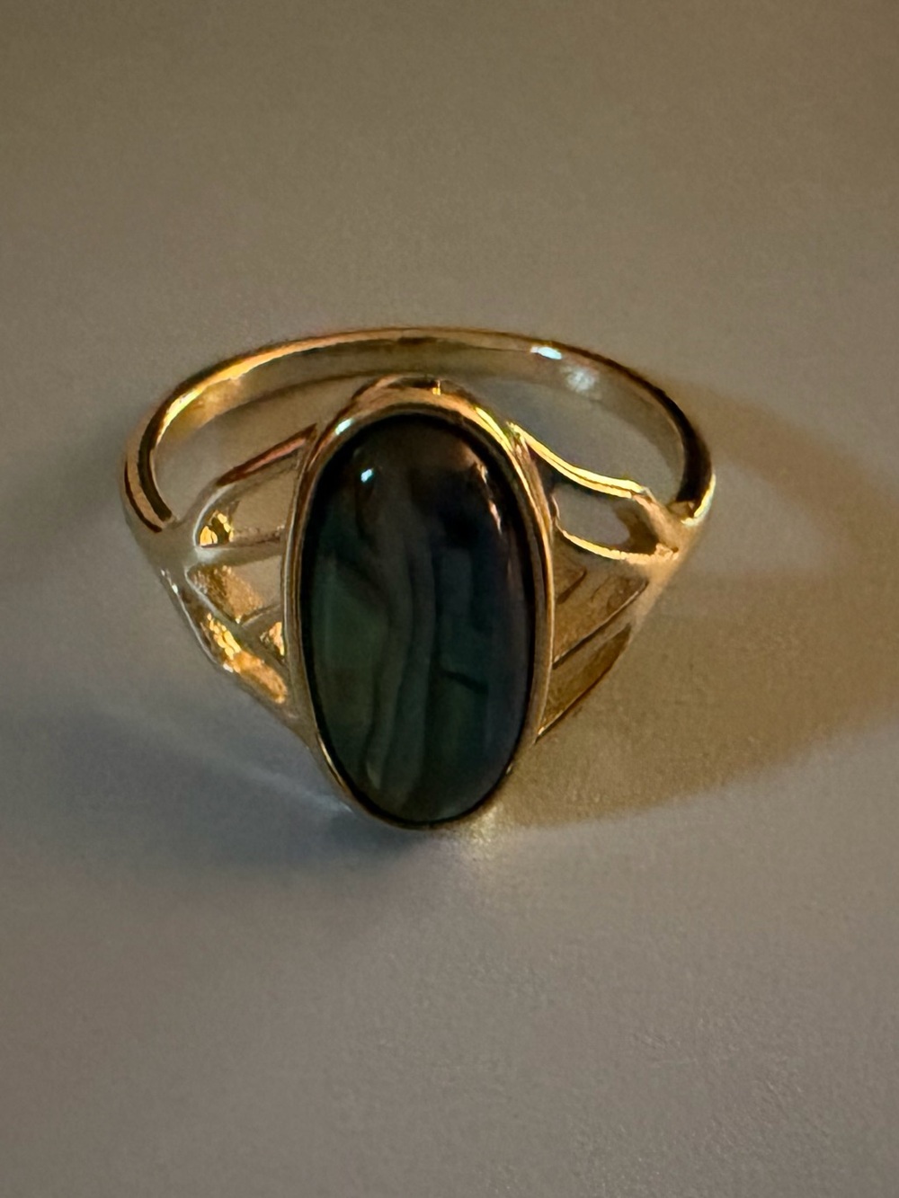 Gold Ring with Iridescent Green-Blue Stone